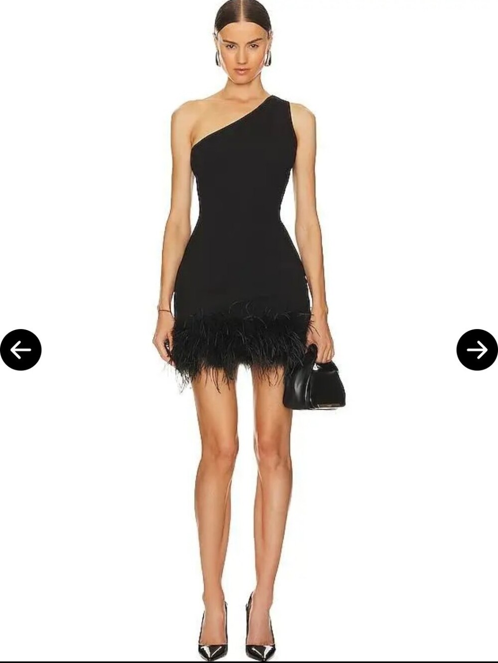 Lamarque Black One-Shoulder Feather Hem Mini Dress